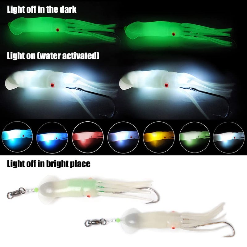 Dr.Fish Saltwater Squid Fishing Lures, 6" LED Lighted Lures 6/0 Hooks Squid Jig Rig Halibut Lincod Jig Offshore Trolling Baits Deep Drop Light Glow in Dark Mackerel Tuna Striper Green & White - Image 2